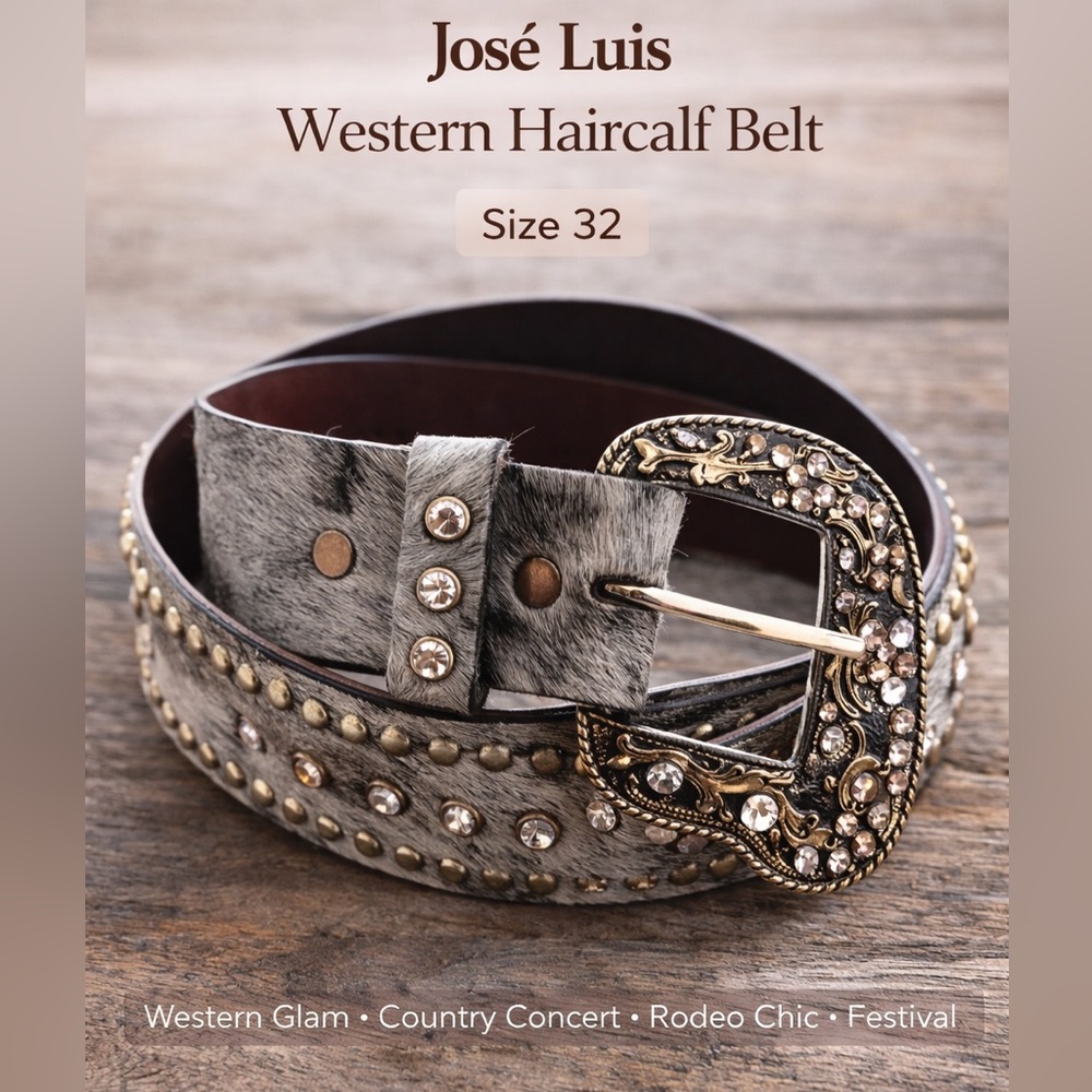 José Luis Western Haircalf Belt Studded Rhinestone Buckle Size 32